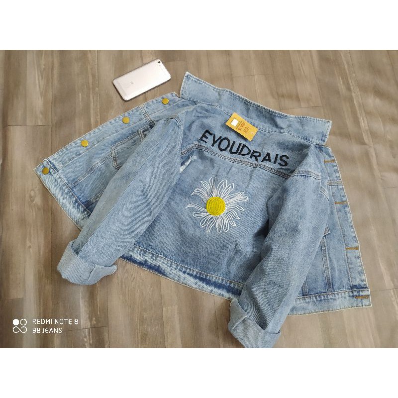 Áo khoác jean nữ bông cúc form rộng - áo khoác nữ chất jean form croptop 58Kg hàng shop