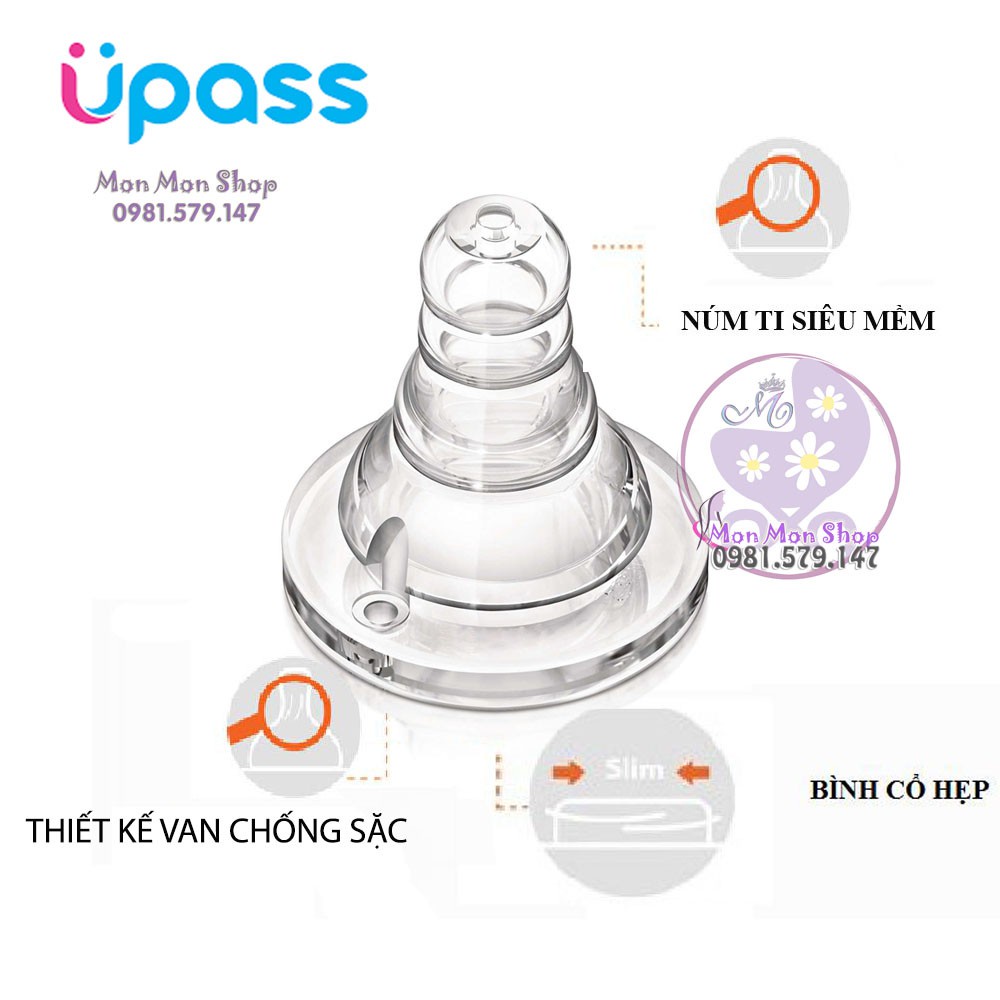 Núm ty cổ hẹp/cổ thường/ cổ rộng Upass sản xuất Thái Lan siêu mềm có van chống sặc, size S/M/L