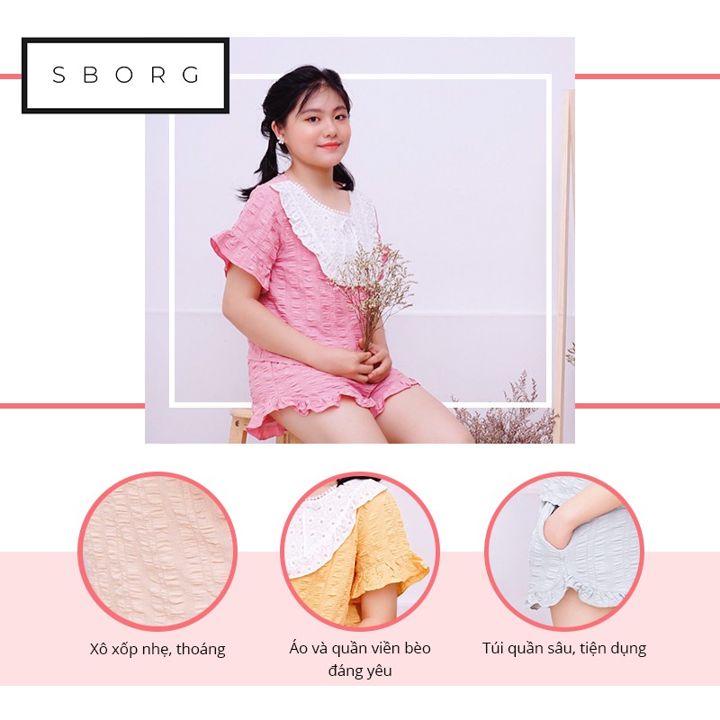 Đồ ngủ cute SBORG đồ bộ mặc nhà xô xốp phối ren cute quần đùi viền bèo freesize dưới 60kg quà tặng vợ