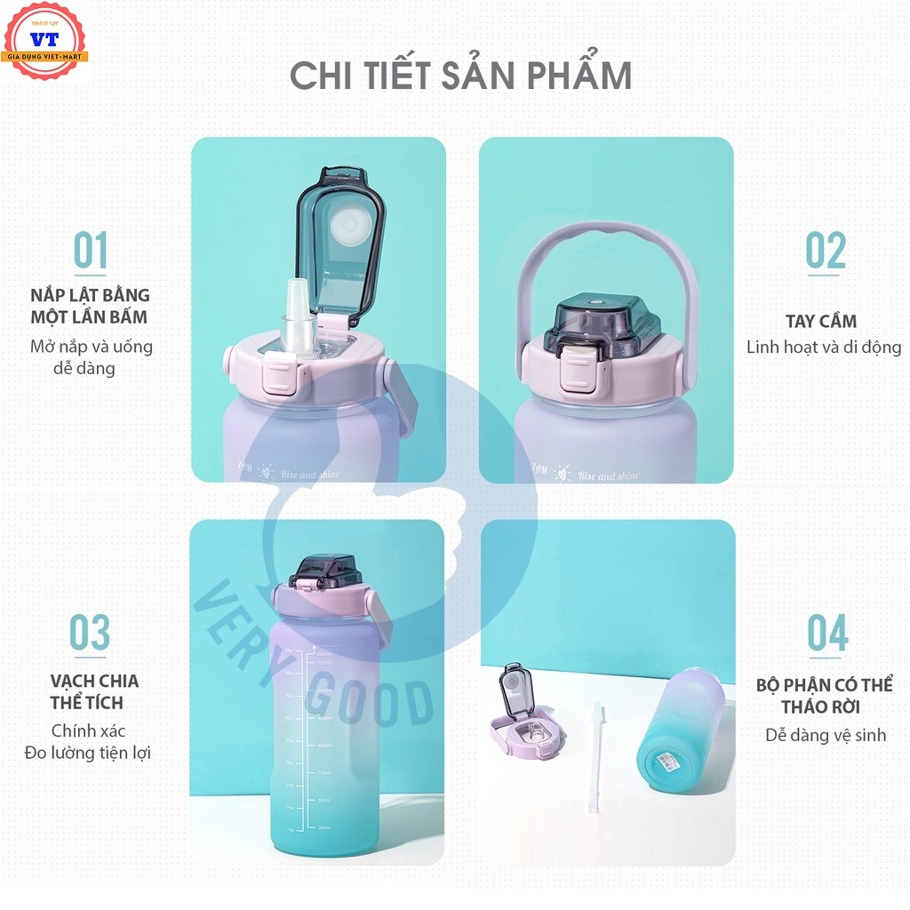 Bình nước 2 lít tặng Sticker dành cho người lười uống nước 💖 FREESHIP 💖 bình nước cute 2L có ống hút, vạch chia nhắc giờ