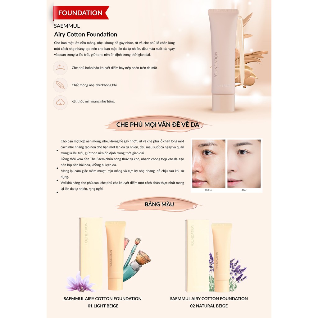 Kem Nền The SAEM Saemmul Airy Cotton Foundation SPF30/PA++ 30g