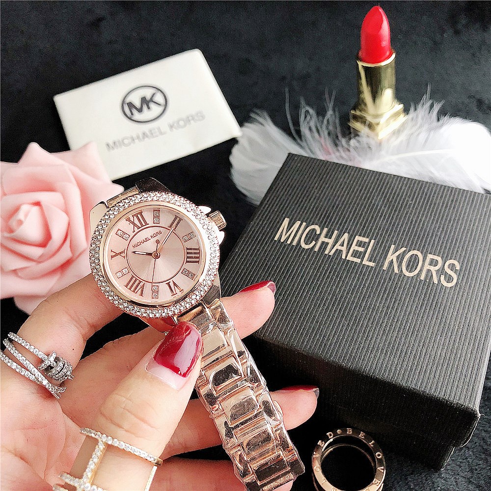 Mk Đồng Hồ Đeo Tay jam tangan perempuan wanita Đính Kim Cương Giả Bằng Thép Không Gỉ Sang Trọng Cho Nữ