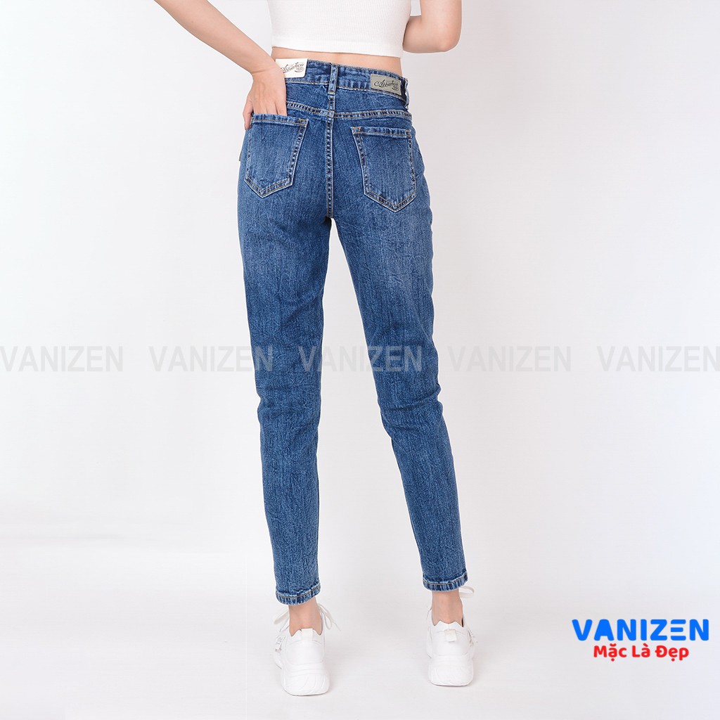 Quần jean nữ ống rộng baggy đẹp lưng cao cạp bán chun xanh đá xước nhẹ hàng hiệu cao cấp mã 429 VANIZEN