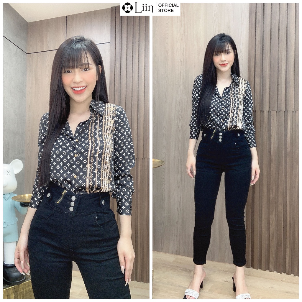 Áo sơ mi nữ dài tay chất vải lụa cao cấp màu đen phối họa tiết trẻ trung, hiện đại Liin Clothing SM4420