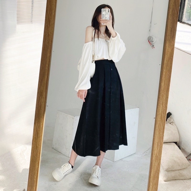 Chân váy dài xoè nút giữa