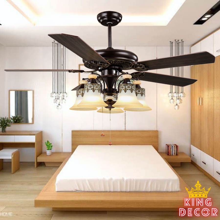 Quạt Trần Đèn - Quạt Đèn Chùm - Quạt Trần LED CIZOMI cánh gỗ phong cách cổ điển - kèm bóng LED chuyên dụng