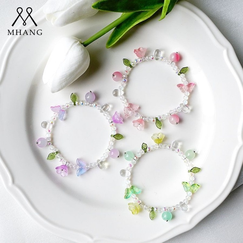 Vòng Tay Chuỗi Hạt Pha Lê Họa Tiết Hoa / Bướm Màu Tím Phong Cách Hàn Quốc Thời