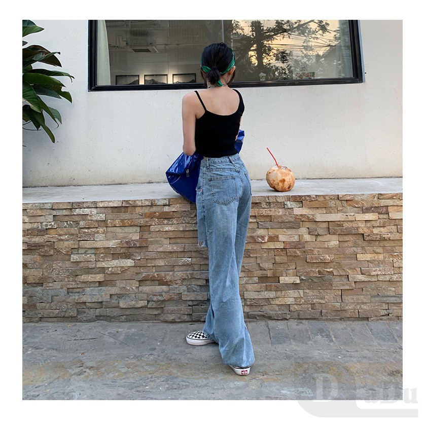 Quần Jeans Dài Phối Vết Rách Cá Tính Thời Trang Nữ