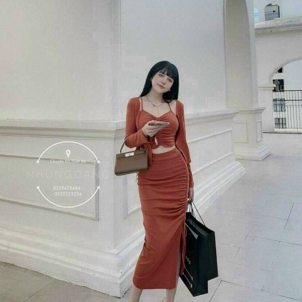 Sét đầm rút dây chân váy xẻ tả phối áo khoác mẫu thiết kế trẻ trung năng động phù hợp mọi phong cách