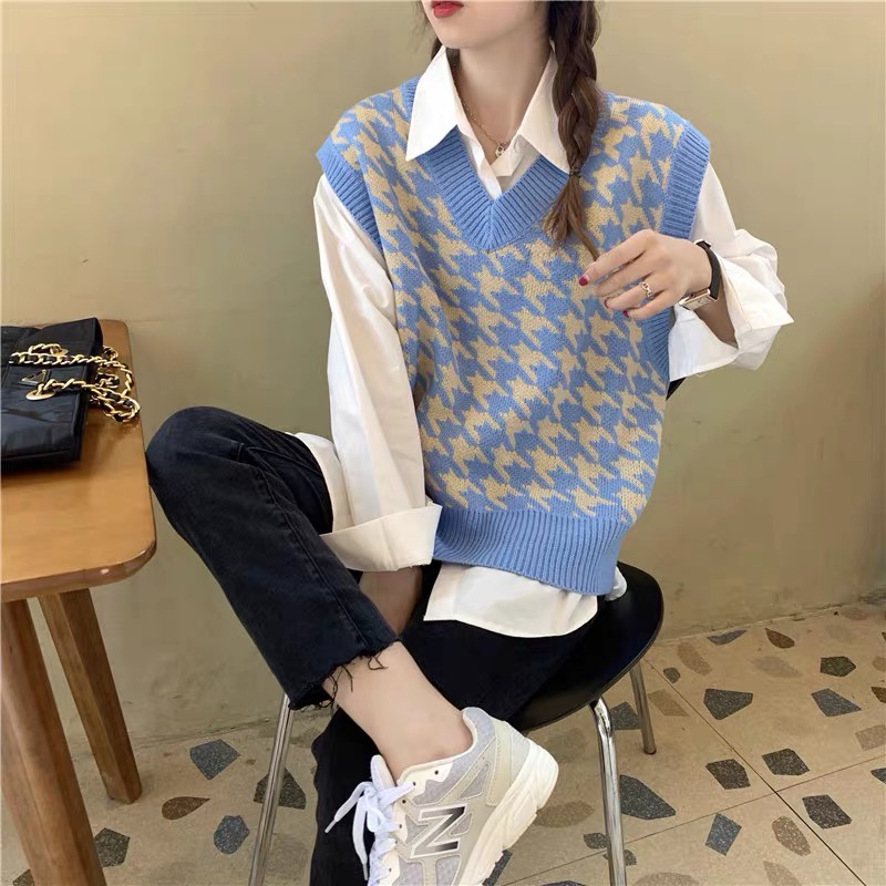 Áo gile kẻ caro vintage Forgirl áo không tay dáng xuông cá tính