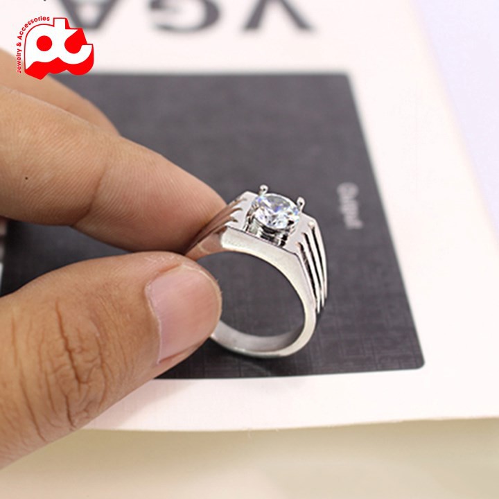 Nhẫn nam inox kiểu 3 sọc đính xoàn màu trắng thép không gỉ HSNNA229