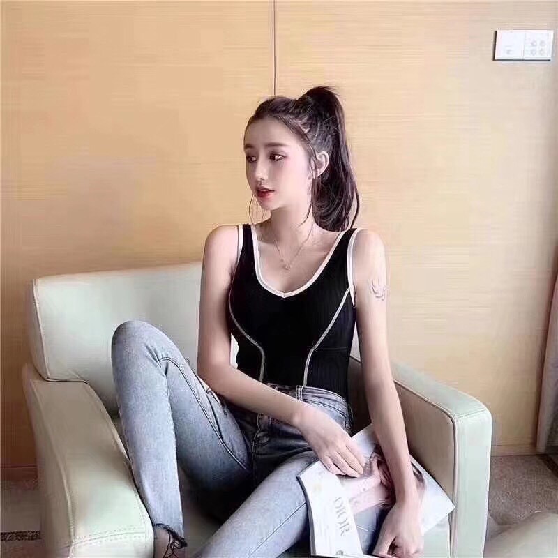 (Siêu đẹp) Áo 2 dây thun gân cotton đệm ngực chiết eo kiểu dáng Hàn Quốc kèm túi zip N194