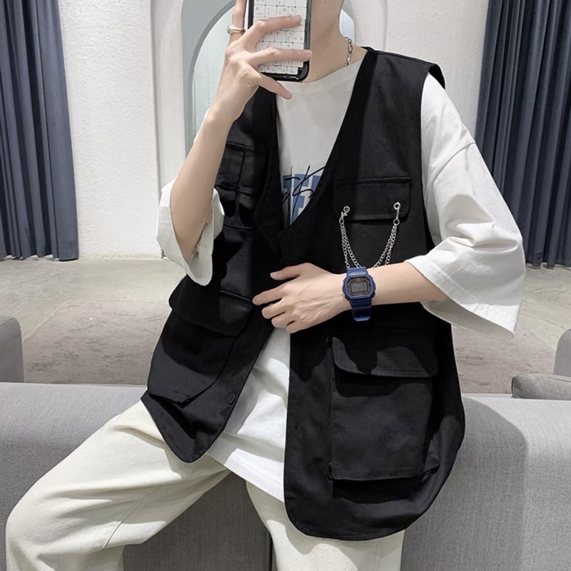 Áo Gile Kaki Nam Nữ Unisex có túi tặng kèm dây form rộng OVERSIZE - phong cách cá tính