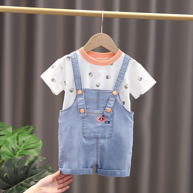 Set Áo Thun Cổ Tròn &amp; Quần Yếm Denim Cho Bé