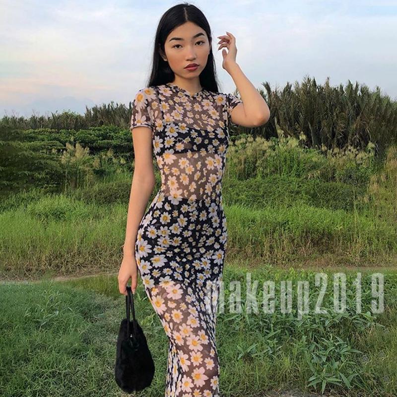 Đầm thun tay ngắn phối lưới xuyên thấu quyến rũ họa tiết hoa cúc dành cho bạn nữ