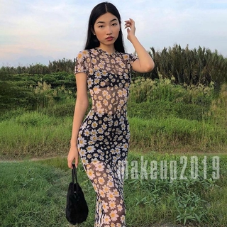Đầm thun tay ngắn phối lưới xuyên thấu quyến rũ họa tiết hoa cúc dành cho bạn nữ