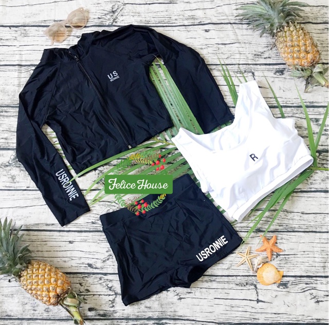 [CÓ SĂN] Đồ bơi bikini dài tay áo khoác quần đùi cạp cao USRONNIE (có áo croptop trắng y hình mẫu mặc) | BigBuy360 - bigbuy360.vn