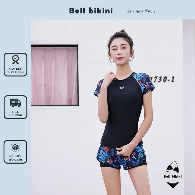 Bikini Thể Thao Đi Biển Phối Hoa Xanh Kèm Mút Lót -Bộ Đồ Bơi Nữ Cộc Tay Quần Đùi Chất Thun Lạnh Cao Cấp -Bellbikini-B002