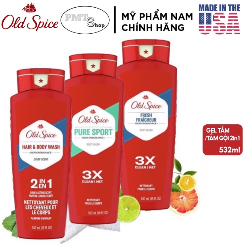 Sữa tắm nam Gel Old Spice 473ml Timber Bearglove Fiji Wolfthorn Pure Sport Fresh Tắm gội 2in1 532ml Made in USA