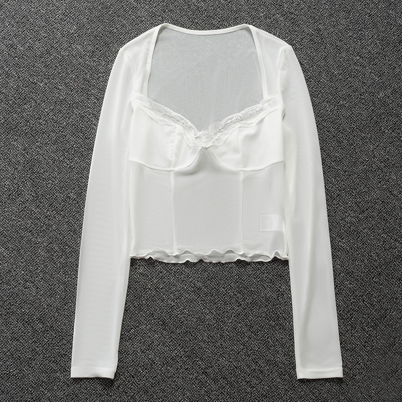 Áo croptop tay dài cổ vuông xuyên thấu thời trang dành cho nữ