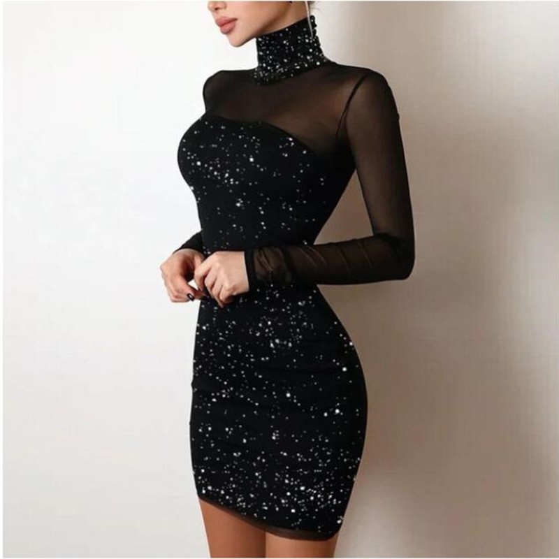 Đầm Dự Tiệc Ôm Dáng Tay Dài Cổ Cao Phối Lưới Màu Đen Lấp Lánh Thời Trang Cho Nữ