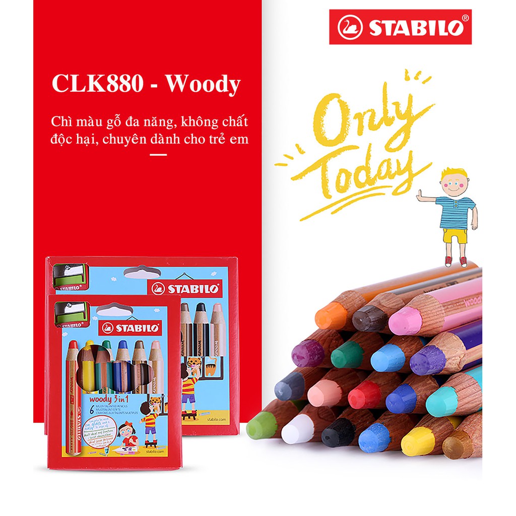 Bút Chì Màu STABILO Woody 3-in-1 hộp 6 màu (CLK880-C6)