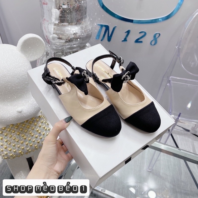 Sandal cn mũi đen quai nơ ngang đế bằng fullbox