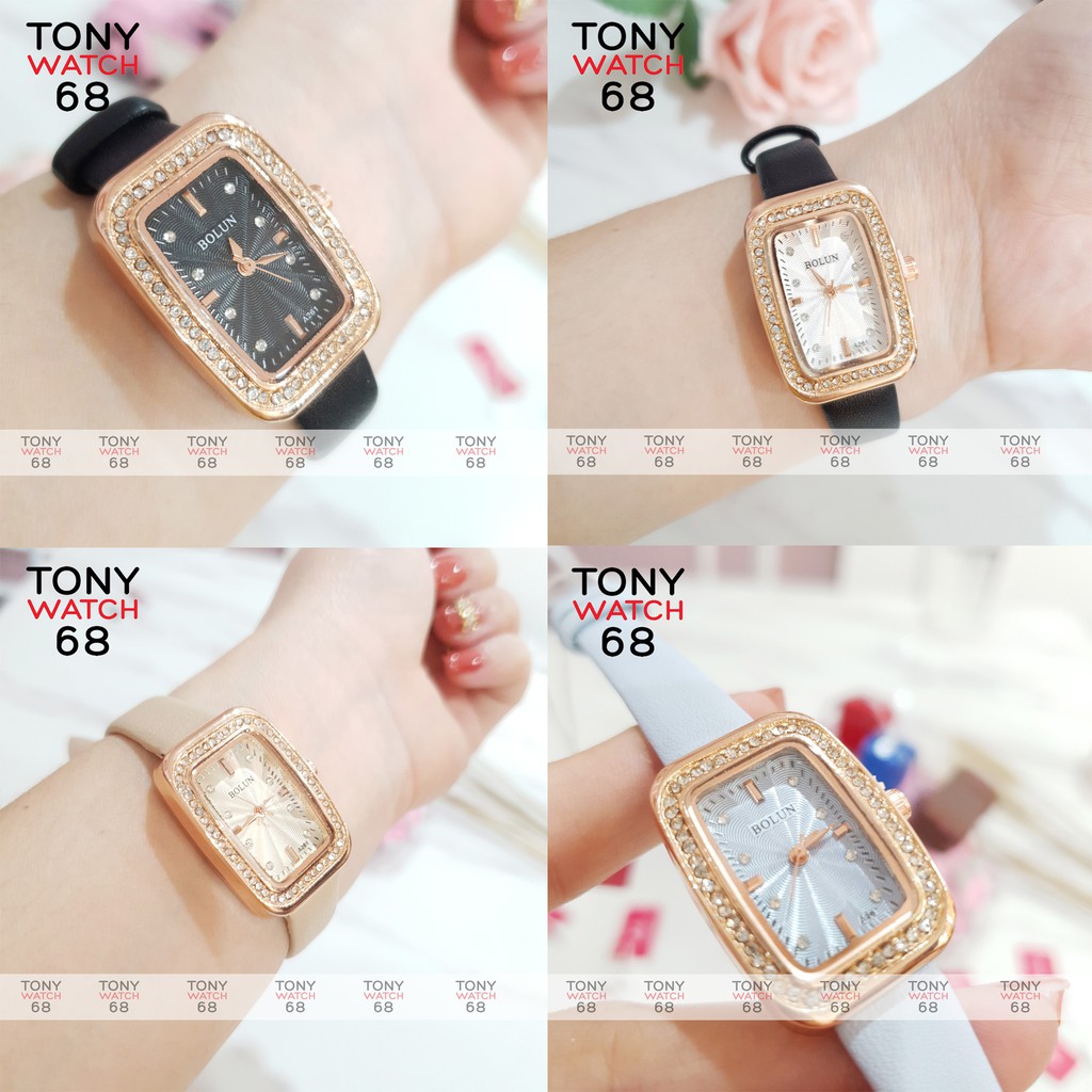 Đồng hồ nữ Bolun chữ nhật đính đá dây da nhiều màu độc đáo chống nước chính hãng Tony Watch 68