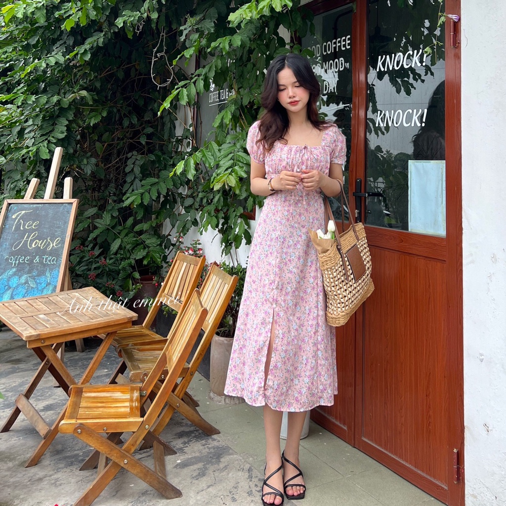 Đầm hoa nhí vintage, Đầm hoa cổ vuông xẻ tà Emmei v84