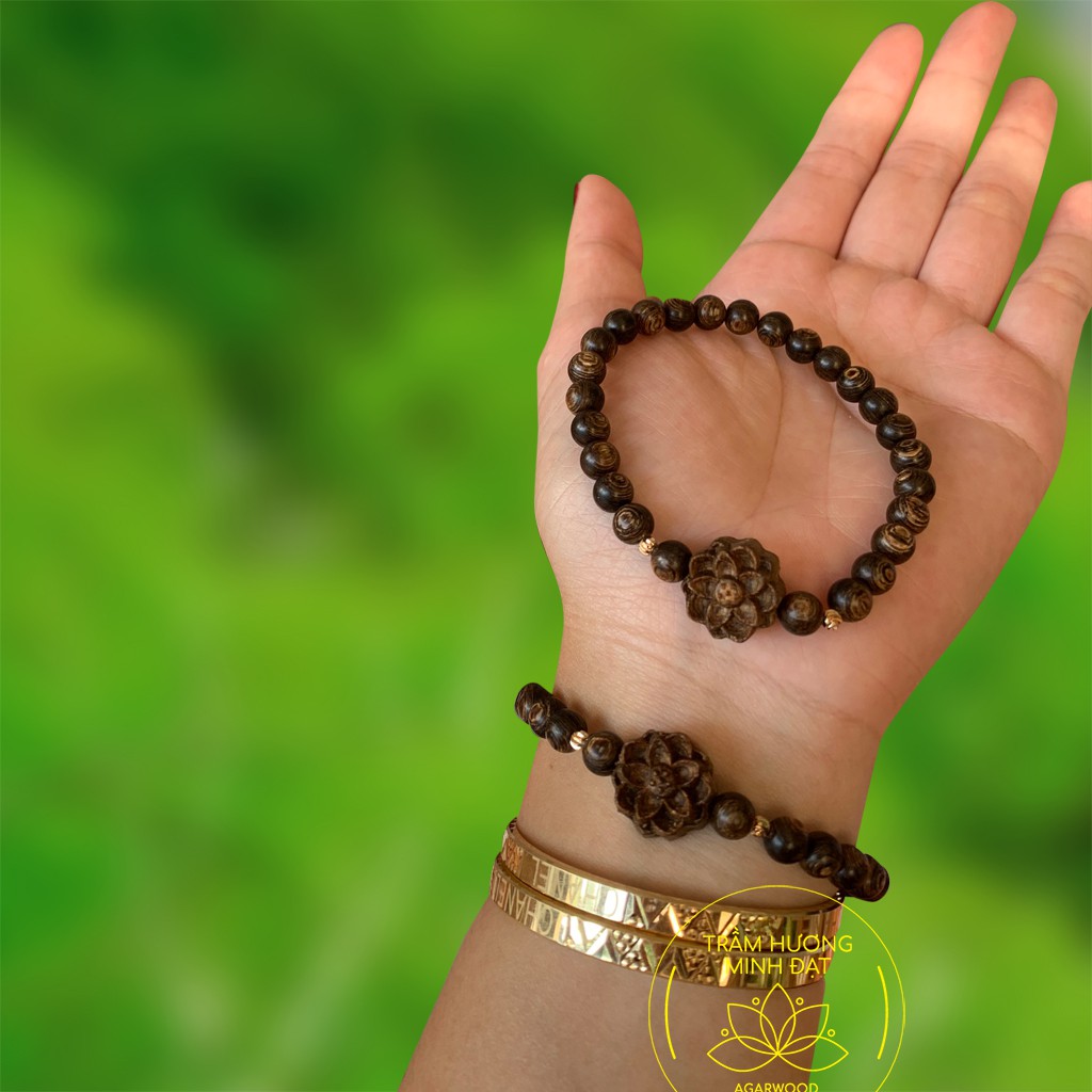 Vòng tay trầm hương đơn mix hoa sen nhiều size - Trầm hương sánh chìm