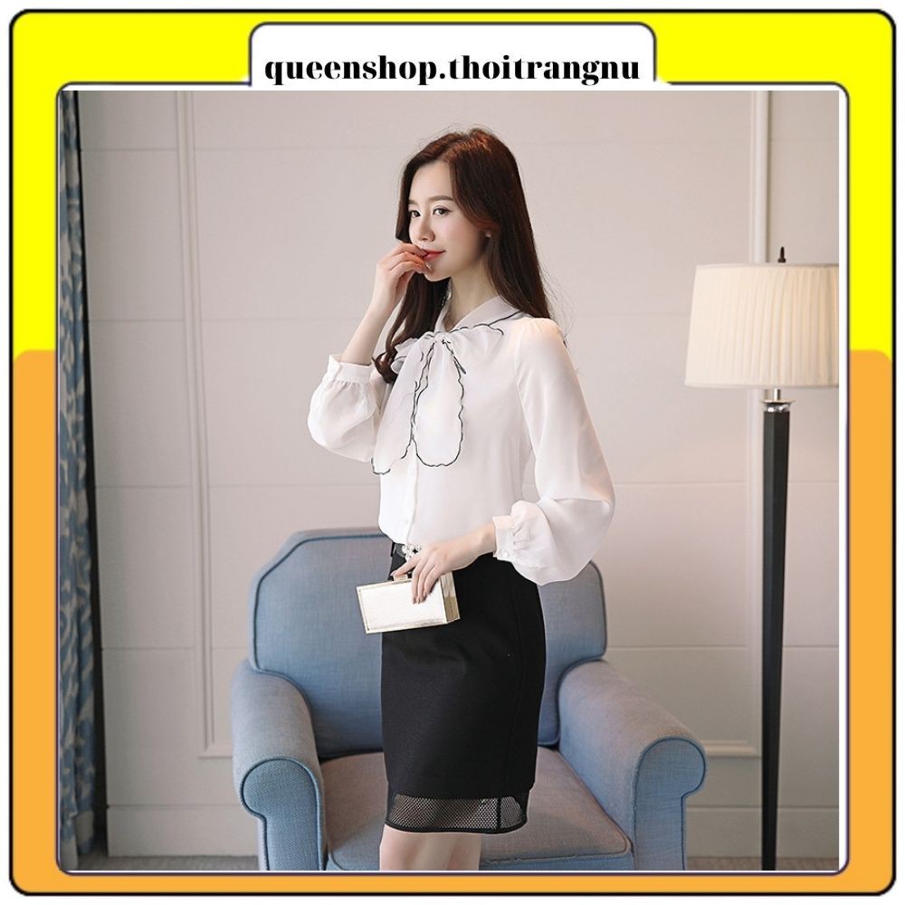 Sơ mi trắng cổ nơ tay bồng kiểu dáng công sở chất vải đẹp không nhăn Queenshop