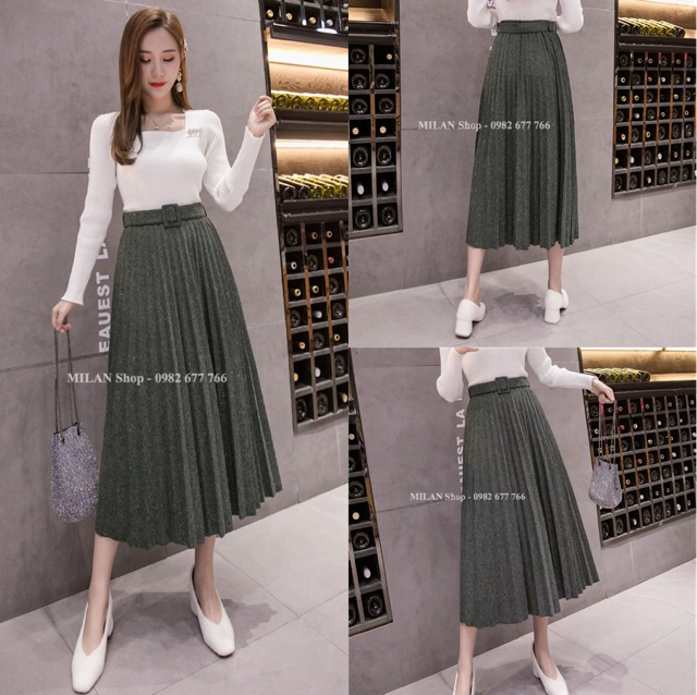 Chân váy dạ dài xếp li kèm đai kim sa & trơn | BigBuy360 - bigbuy360.vn