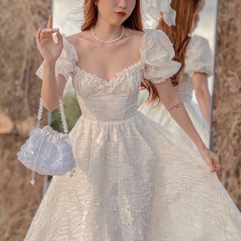 ĐẦM MIDI HOA NỔI VIỀN BÈO NGỰC TRẮNG - DA2598