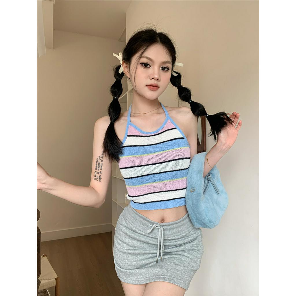 Lalisas Áo Dệt Kim Hai Dây Ngắn Mỏng Kẻ Sọc Cổ Yếm Gia Vị Gợi Cảm Cho Nữ