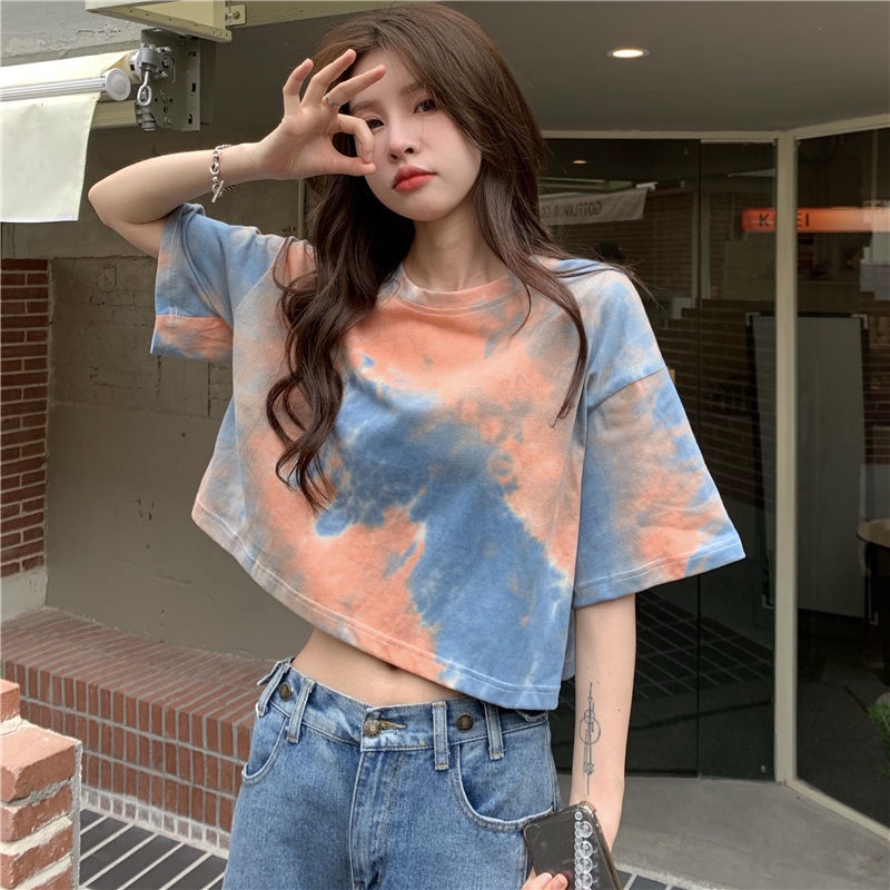 Áo thun croptop tay ngắn nhuộm màu loang thời trang cho nữ