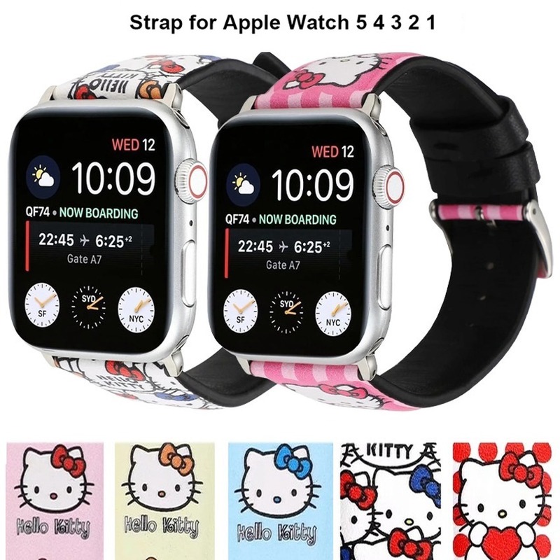 HELLO KITTY Dây Da Đồng Hồ Thông Minh Apple Watch Se 6 5 4 3 2 1 Kích Thước 38mm 40mm 42mm 44mm