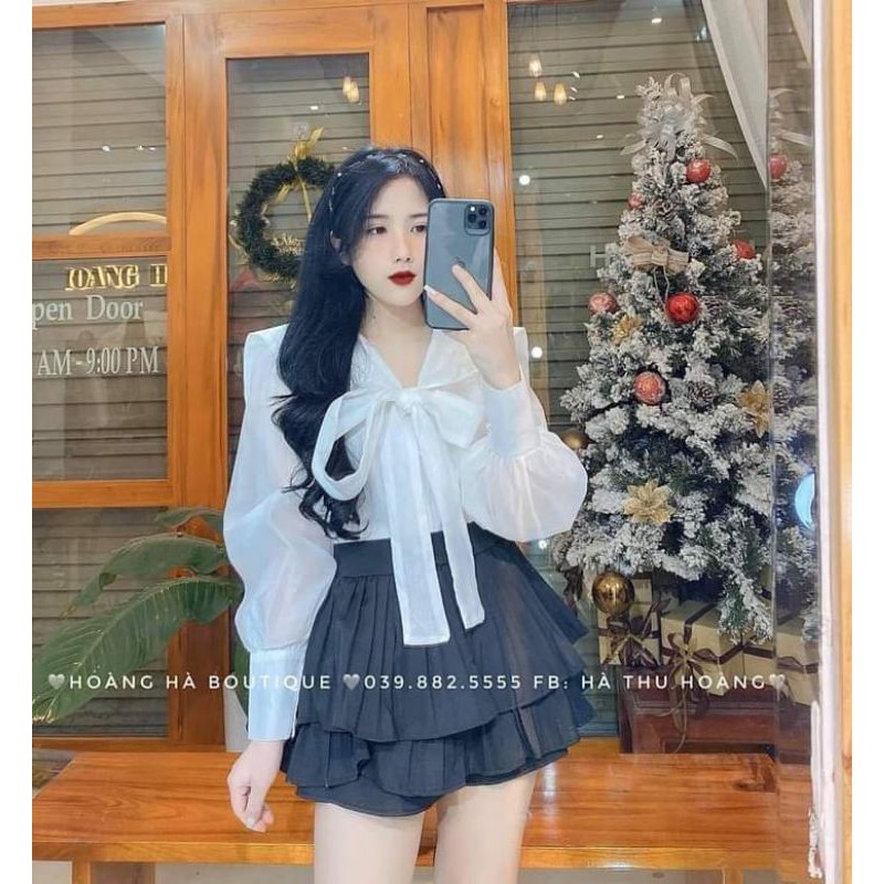 Áo sơ mi tơ cổ buộc nơ dài nhún bèo