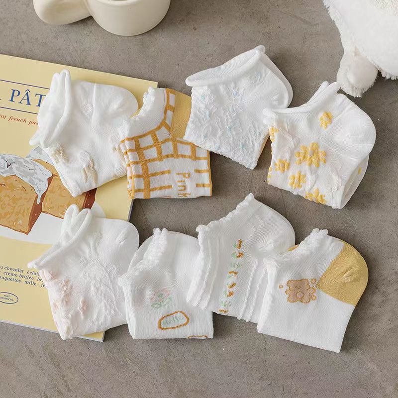 CB1015 Combo 8 đôi tất vớ nữ ngắn tông vàng trắng thêu hoa Lolita tiểu thư