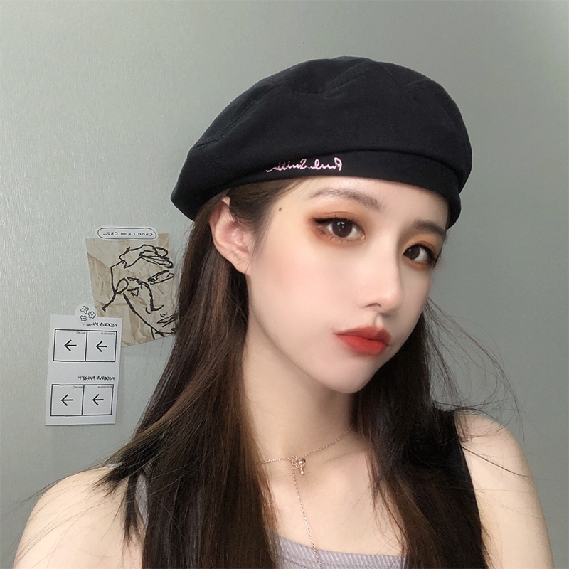 Mũ Beret Màu Trơn Thêu Chữ Phong Cách Retro Anh Quốc Thời Trang Thu Đông Cho Nữ