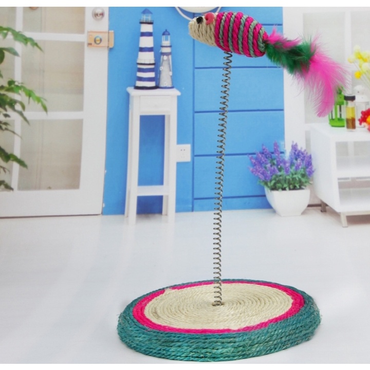 Bàn cào móng sợi cói cao cấp kèm chuột lò xò cói vui nhộn - Trụ cào móng cho mèo