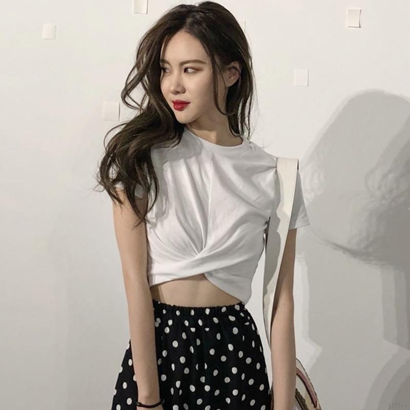 Áo Croptop Tay Ngắn Cổ Tròn Màu Trơn Phong Cách Hàn Quốc