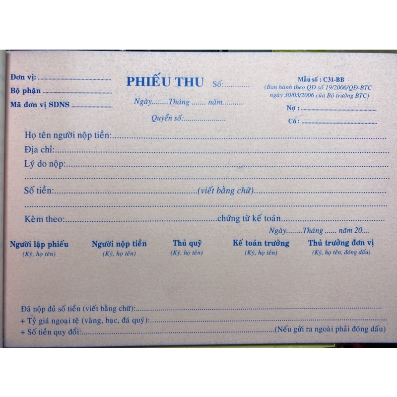 Phiếu Thu , phiếu chi 2 liên 100 tờ.