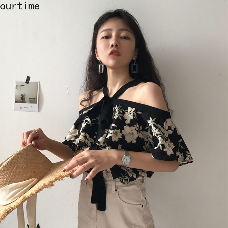 OT Áo Sơ Mi Chiffon Tay Ngắn Hở Vai Dáng Rộng In Họa Tiết Phong Cách Hàn Quốc Thời Trang Mùa Hè Cho Nữ