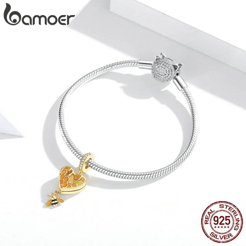 Hạt xỏ làm trang sức Bamoer Scc1714 Bạc 925 Hình Trái Tim Họa Tiết Tổ Ong Màu Vàng Độc Đáo Diy