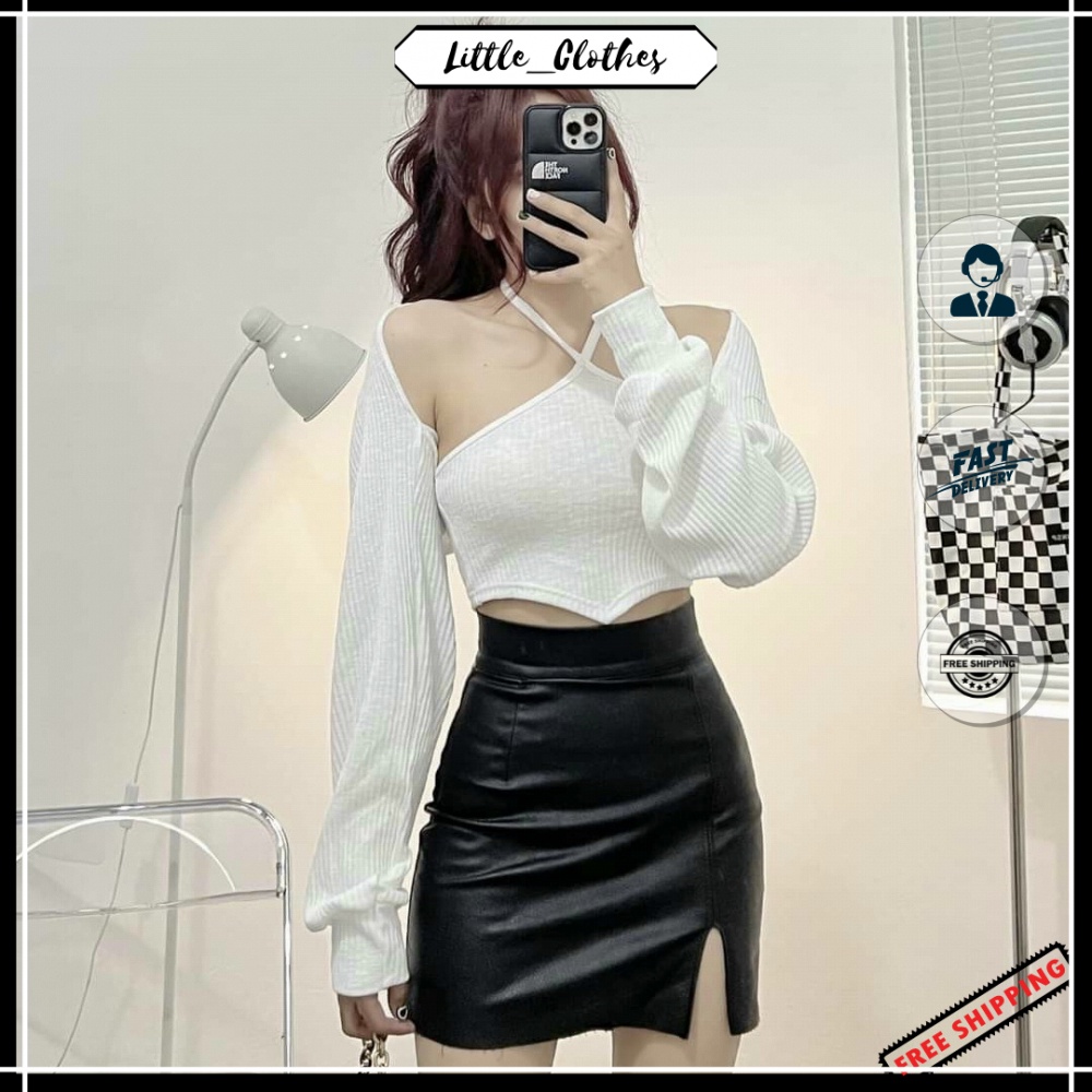 set 2 món áo croptop nữ cổ yếm cột dây cổ 🔥FREESHIP🔥 áo khoác ngoài tay dài bo gấu