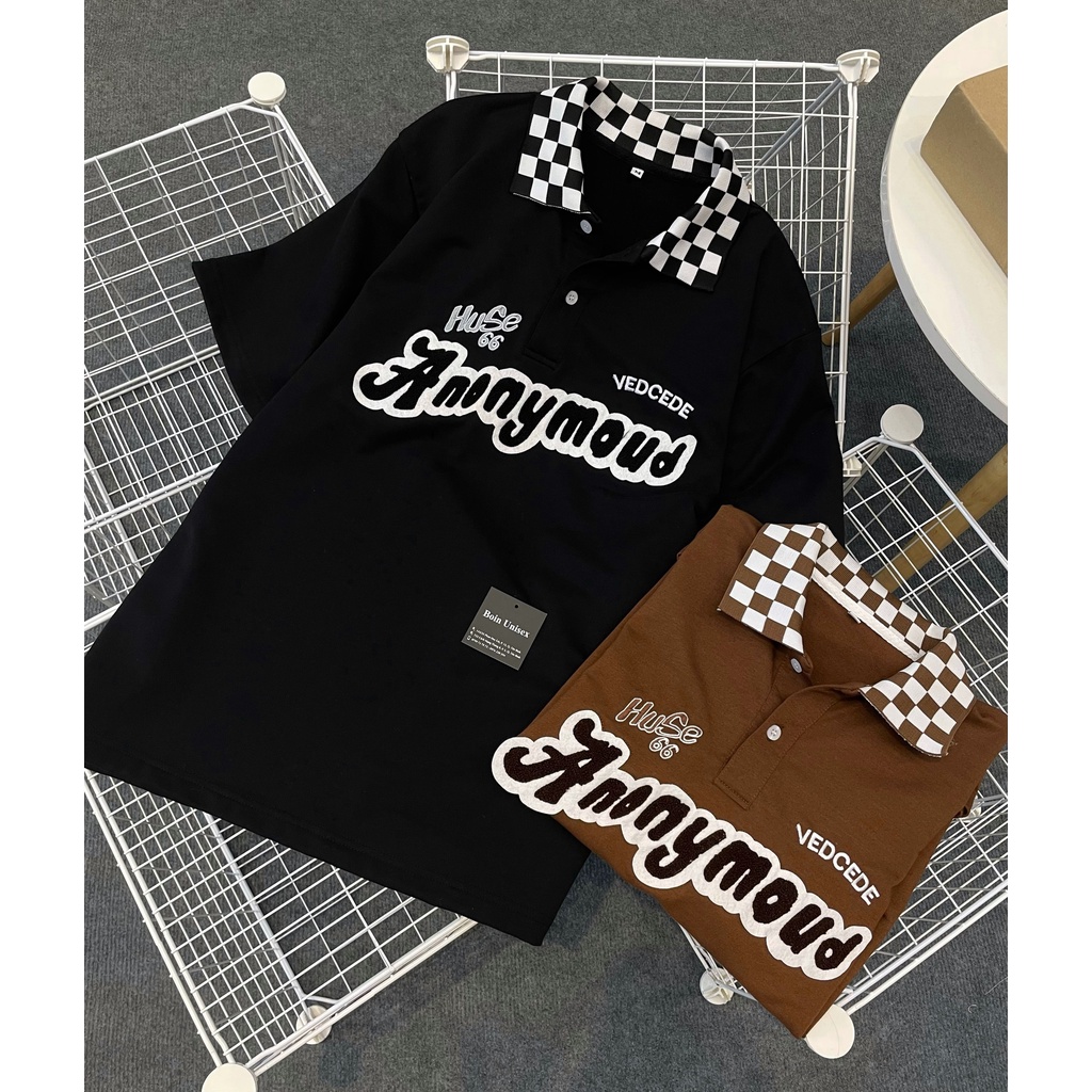 Áo thun Polo cổ bẻ Caro Boin thêu xù ANONY, Polo from rộng unisex vải thun da cá cao cấp 4 chiều phù hợp cho nam và nữ