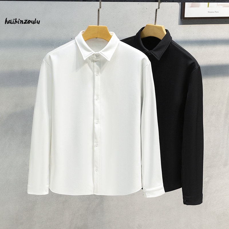 Haibinzoulu men's long-sleeved black and white fleece padded shirt warm polo shirt