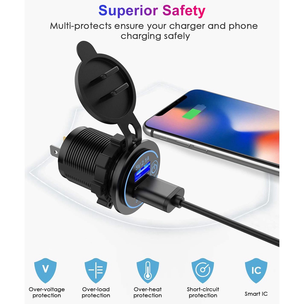 Tẩu sạc hai cổng USB 4.2A có công tắc dành cho xe hơi/ xe máy