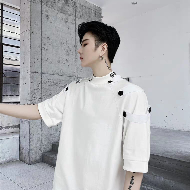 Áo thun ulzzang nam nữ phối nút , cổ bo rip