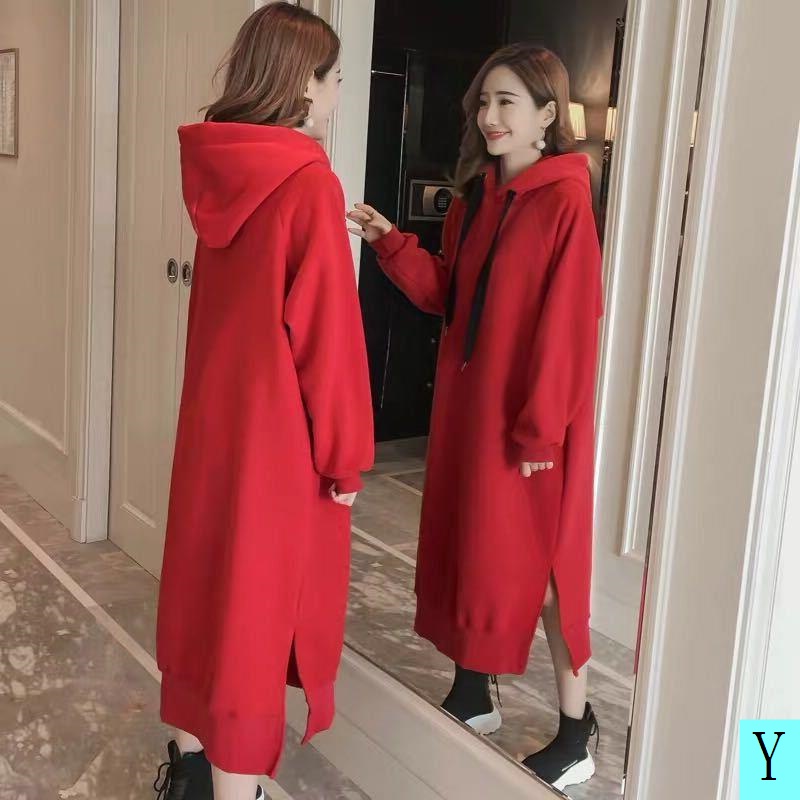 Đầm Nỉ Dài Qua Gối Dáng Rộng Có Nón Màu Sắc Trơn Thời Trang Thu Đông Cho Nữ